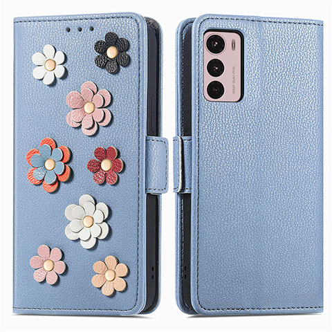 Handytasche Stand Schutzhülle Flip Leder Hülle Blumen S02D für Motorola Moto G42 Blau