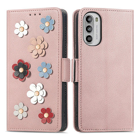 Handytasche Stand Schutzhülle Flip Leder Hülle Blumen S02D für Motorola MOTO G52 Rosegold