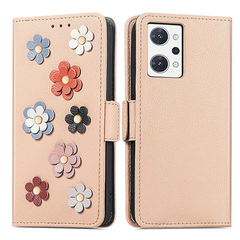 Handytasche Stand Schutzhülle Flip Leder Hülle Blumen S02D für Oppo Reno7 A Kahki