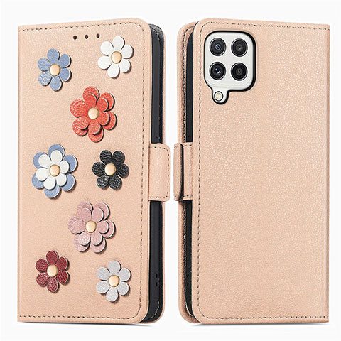 Handytasche Stand Schutzhülle Flip Leder Hülle Blumen S02D für Samsung Galaxy A22 4G Kahki