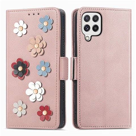 Handytasche Stand Schutzhülle Flip Leder Hülle Blumen S02D für Samsung Galaxy A22 4G Rosegold