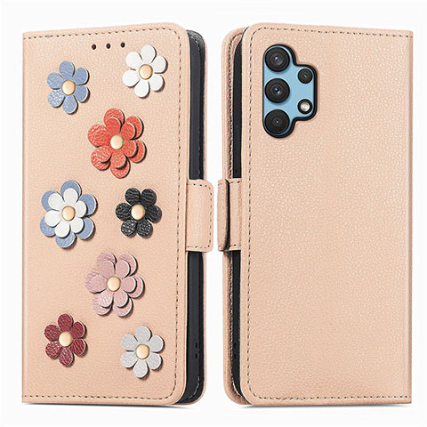 Handytasche Stand Schutzhülle Flip Leder Hülle Blumen S02D für Samsung Galaxy A32 4G Kahki