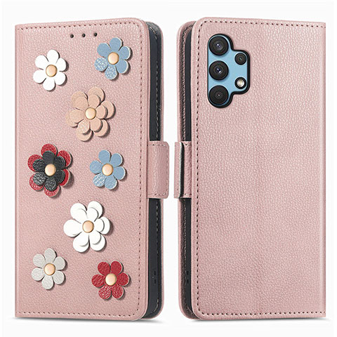 Handytasche Stand Schutzhülle Flip Leder Hülle Blumen S02D für Samsung Galaxy A32 4G Rosegold