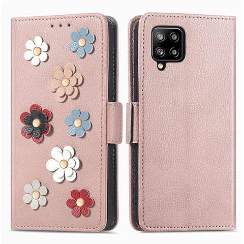 Handytasche Stand Schutzhülle Flip Leder Hülle Blumen S02D für Samsung Galaxy A42 5G Rosegold