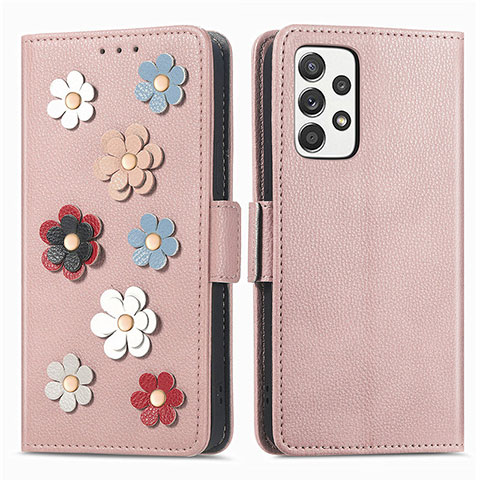 Handytasche Stand Schutzhülle Flip Leder Hülle Blumen S02D für Samsung Galaxy A52 4G Rosegold