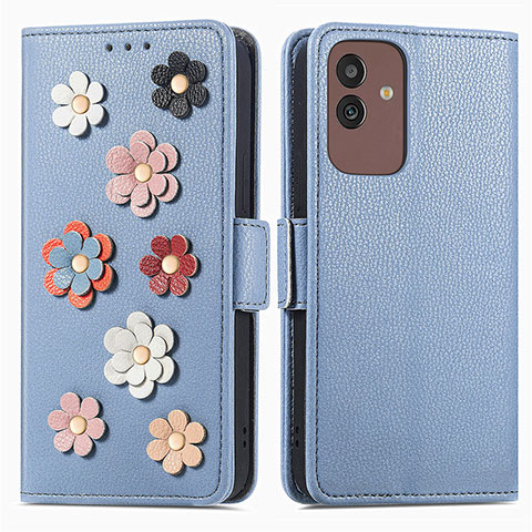 Handytasche Stand Schutzhülle Flip Leder Hülle Blumen S02D für Samsung Galaxy M13 5G Blau