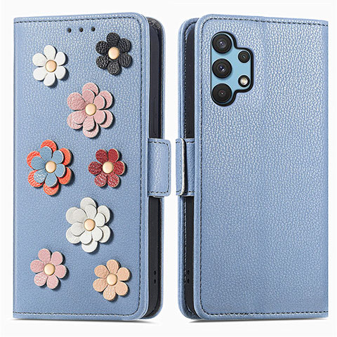 Handytasche Stand Schutzhülle Flip Leder Hülle Blumen S02D für Samsung Galaxy M32 5G Blau