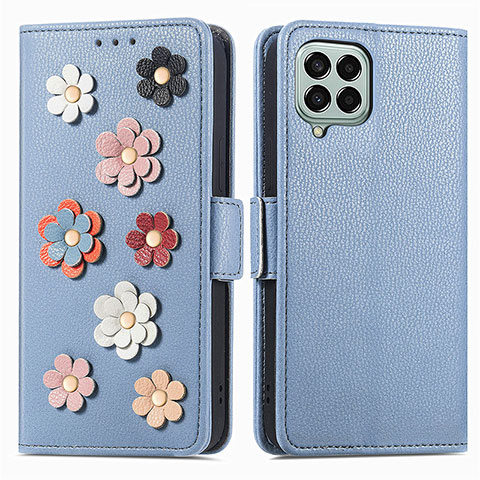 Handytasche Stand Schutzhülle Flip Leder Hülle Blumen S02D für Samsung Galaxy M33 5G Blau