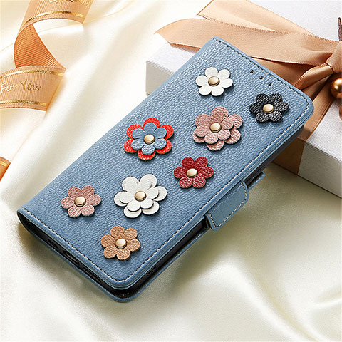 Handytasche Stand Schutzhülle Flip Leder Hülle Blumen S02D für Samsung Galaxy S22 Plus 5G Blau