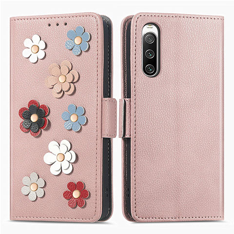 Handytasche Stand Schutzhülle Flip Leder Hülle Blumen S02D für Sony Xperia 10 IV SO-52C Rosegold