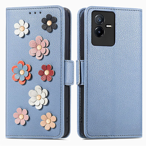 Handytasche Stand Schutzhülle Flip Leder Hülle Blumen S02D für Vivo T2x 5G Blau