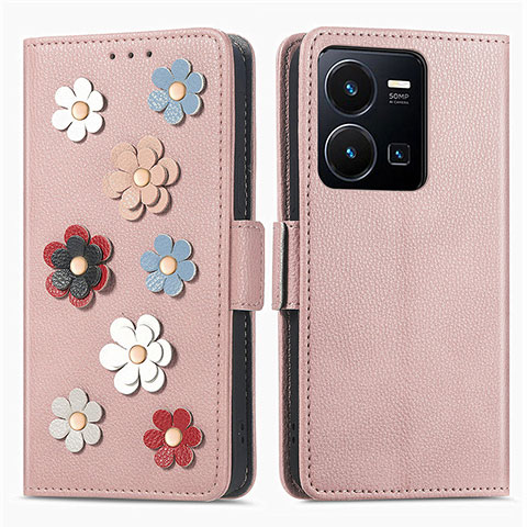 Handytasche Stand Schutzhülle Flip Leder Hülle Blumen S02D für Vivo Y35 4G Rosegold