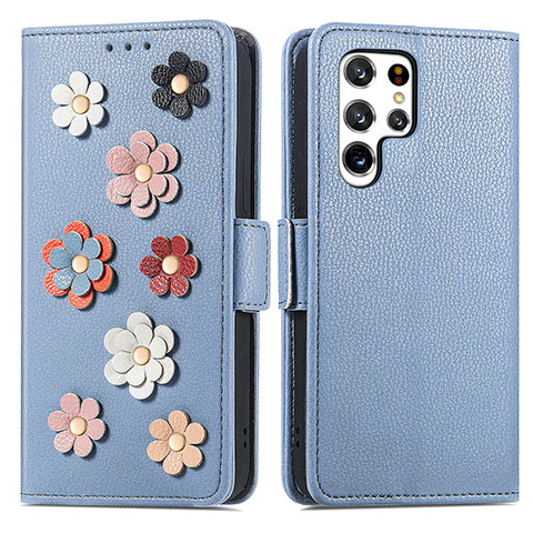 Handytasche Stand Schutzhülle Flip Leder Hülle Blumen S04D für Samsung Galaxy S22 Ultra 5G Blau