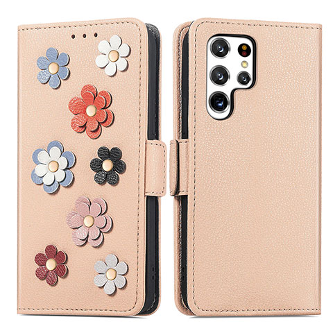 Handytasche Stand Schutzhülle Flip Leder Hülle Blumen S04D für Samsung Galaxy S22 Ultra 5G Gold