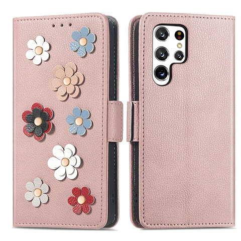 Handytasche Stand Schutzhülle Flip Leder Hülle Blumen S04D für Samsung Galaxy S22 Ultra 5G Rosegold