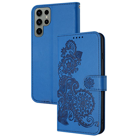 Handytasche Stand Schutzhülle Flip Leder Hülle Blumen Y01X für Samsung Galaxy S22 Ultra 5G Blau