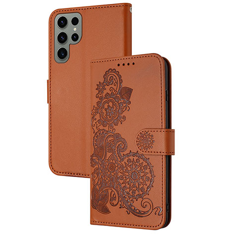 Handytasche Stand Schutzhülle Flip Leder Hülle Blumen Y01X für Samsung Galaxy S22 Ultra 5G Braun