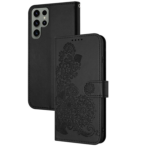 Handytasche Stand Schutzhülle Flip Leder Hülle Blumen Y01X für Samsung Galaxy S24 Ultra 5G Schwarz