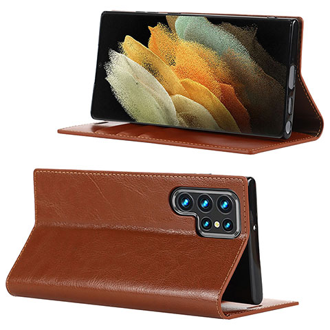 Handytasche Stand Schutzhülle Flip Leder Hülle D08T für Samsung Galaxy S23 Ultra 5G Hellbraun