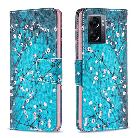 Handytasche Stand Schutzhülle Flip Leder Hülle Modisch Muster B01F für Oppo A56S 5G Cyan