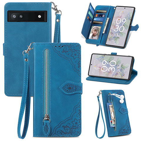 Handytasche Stand Schutzhülle Flip Leder Hülle S06D für Google Pixel 6a 5G Blau