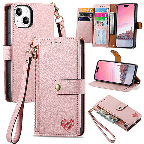 Handytasche Stand Schutzhülle Flip Leder Hülle S07D für Apple iPhone 15 Plus Rosa