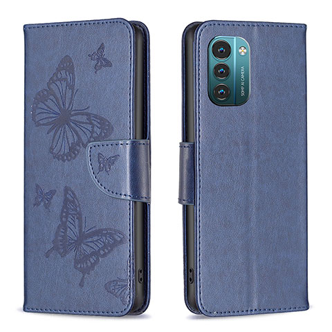 Handytasche Stand Schutzhülle Flip Leder Hülle Schmetterling B01F für Nokia G11 Blau