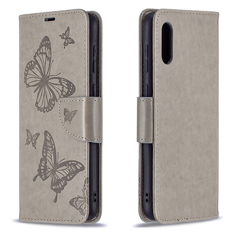 Handytasche Stand Schutzhülle Flip Leder Hülle Schmetterling B01F für Samsung Galaxy A02 Grau