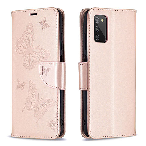 Handytasche Stand Schutzhülle Flip Leder Hülle Schmetterling B01F für Samsung Galaxy A02s Rosegold