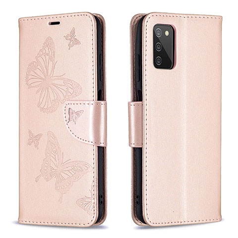 Handytasche Stand Schutzhülle Flip Leder Hülle Schmetterling B01F für Samsung Galaxy A03s Rosegold