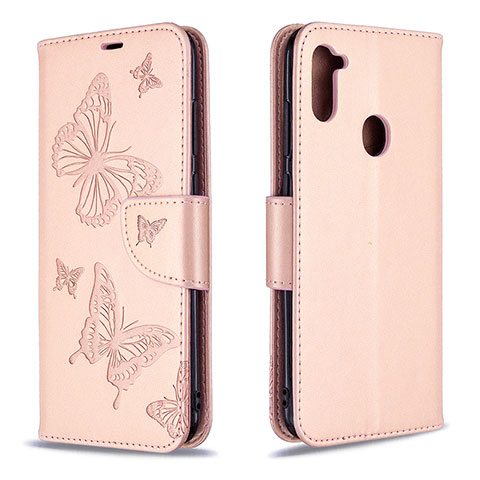 Handytasche Stand Schutzhülle Flip Leder Hülle Schmetterling B01F für Samsung Galaxy A11 Rosegold