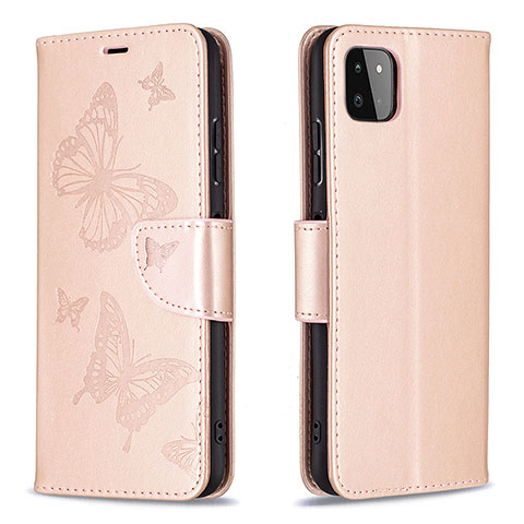 Handytasche Stand Schutzhülle Flip Leder Hülle Schmetterling B01F für Samsung Galaxy F42 5G Rosegold