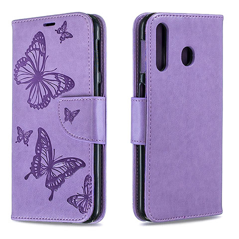 Handytasche Stand Schutzhülle Flip Leder Hülle Schmetterling B01F für Samsung Galaxy M30 Helles Lila