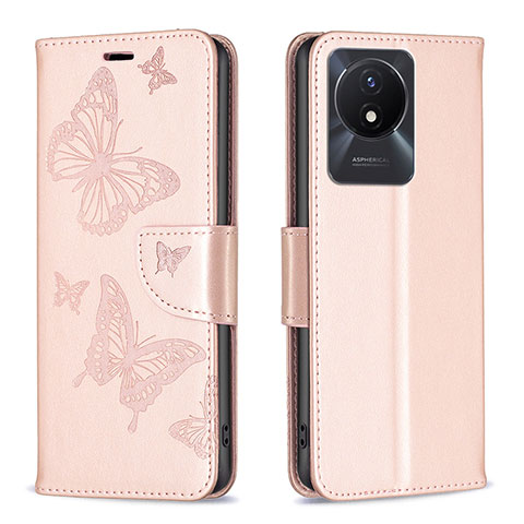 Handytasche Stand Schutzhülle Flip Leder Hülle Schmetterling B01F für Vivo Y02 Rosegold