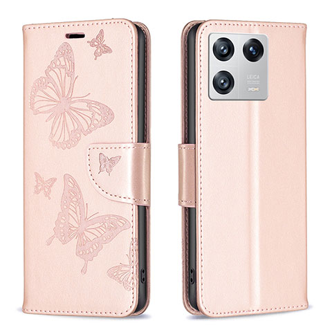 Handytasche Stand Schutzhülle Flip Leder Hülle Schmetterling B01F für Xiaomi Mi 13 5G Rosegold