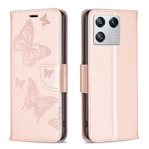 Handytasche Stand Schutzhülle Flip Leder Hülle Schmetterling B01F für Xiaomi Mi 13 Pro 5G Rosegold