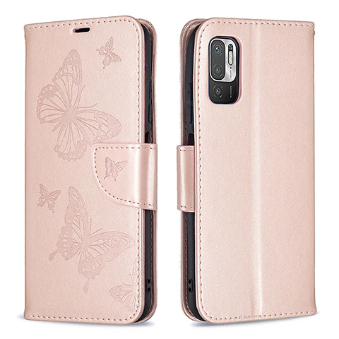 Handytasche Stand Schutzhülle Flip Leder Hülle Schmetterling B01F für Xiaomi POCO M3 Pro 5G Rosegold