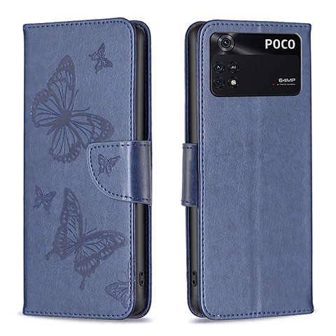 Handytasche Stand Schutzhülle Flip Leder Hülle Schmetterling B01F für Xiaomi Poco M4 Pro 4G Blau