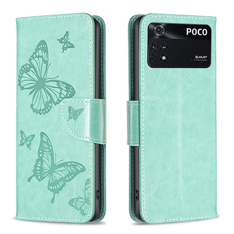 Handytasche Stand Schutzhülle Flip Leder Hülle Schmetterling B01F für Xiaomi Poco M4 Pro 4G Grün