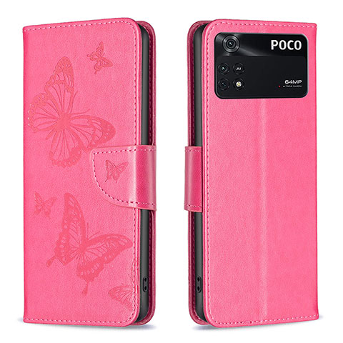 Handytasche Stand Schutzhülle Flip Leder Hülle Schmetterling B01F für Xiaomi Poco M4 Pro 4G Pink