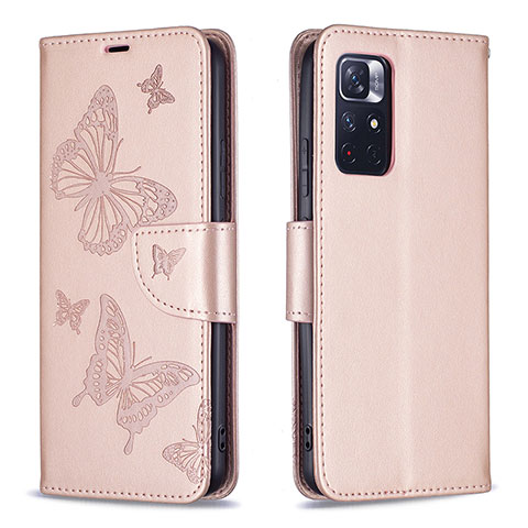 Handytasche Stand Schutzhülle Flip Leder Hülle Schmetterling B01F für Xiaomi Poco M4 Pro 5G Rosegold