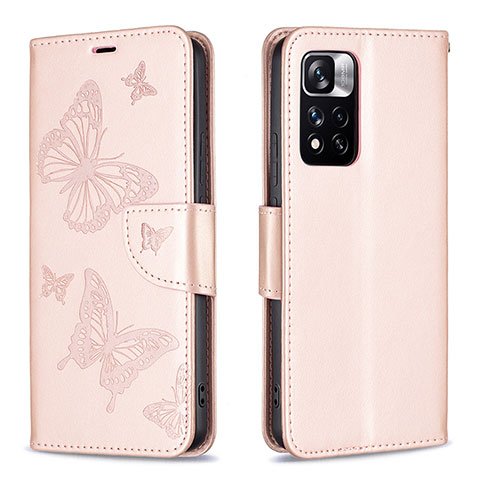 Handytasche Stand Schutzhülle Flip Leder Hülle Schmetterling B01F für Xiaomi Poco X4 NFC Rosegold