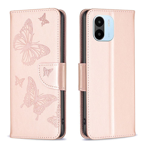 Handytasche Stand Schutzhülle Flip Leder Hülle Schmetterling B01F für Xiaomi Redmi A2 Plus Rosegold