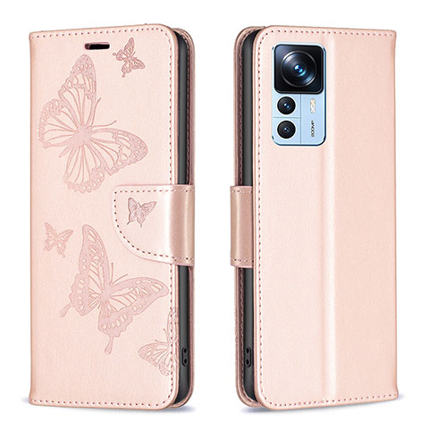 Handytasche Stand Schutzhülle Flip Leder Hülle Schmetterling B01F für Xiaomi Redmi K50 Ultra 5G Rosegold