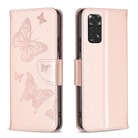 Handytasche Stand Schutzhülle Flip Leder Hülle Schmetterling B01F für Xiaomi Redmi Note 11 4G (2022) Rosegold