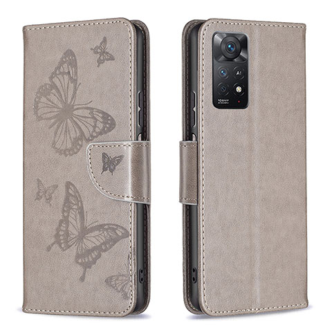 Handytasche Stand Schutzhülle Flip Leder Hülle Schmetterling B01F für Xiaomi Redmi Note 11 Pro 5G Grau