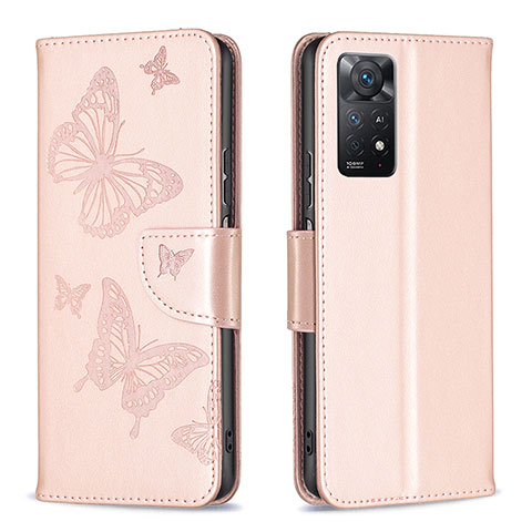 Handytasche Stand Schutzhülle Flip Leder Hülle Schmetterling B01F für Xiaomi Redmi Note 11 Pro 5G Rosegold