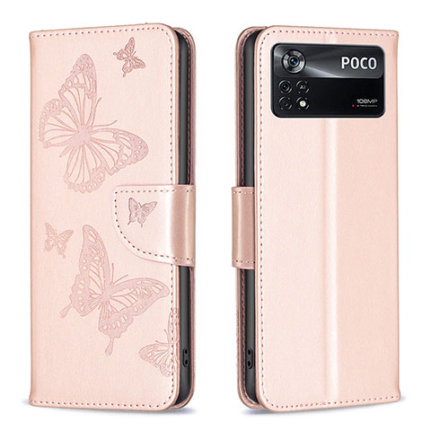 Handytasche Stand Schutzhülle Flip Leder Hülle Schmetterling B01F für Xiaomi Redmi Note 11E Pro 5G Rosegold