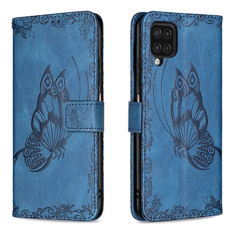 Handytasche Stand Schutzhülle Flip Leder Hülle Schmetterling B02F für Samsung Galaxy A12 Blau