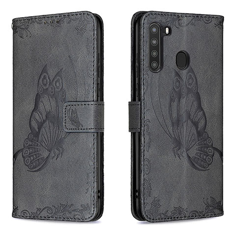 Handytasche Stand Schutzhülle Flip Leder Hülle Schmetterling B02F für Samsung Galaxy A21 Schwarz